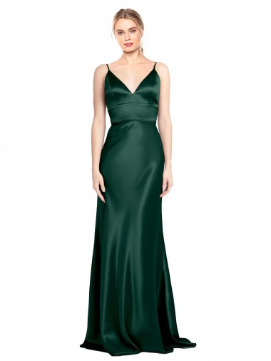 High V-Neck Long Full Length Sheath Stretch Satin Bridesmaid Dress
