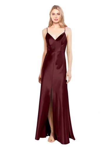 Sleek Spaghetti Straps V-Neck Stretch Satin Bridesmaid Dress with Center Front Slit
