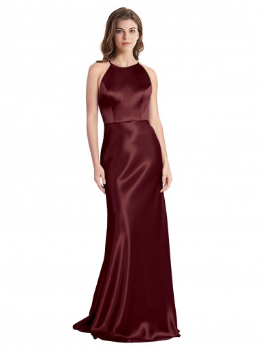 High Neck Halter Long Sleeveless Stretch Satin Bridesmaid Dress with Strappy Back