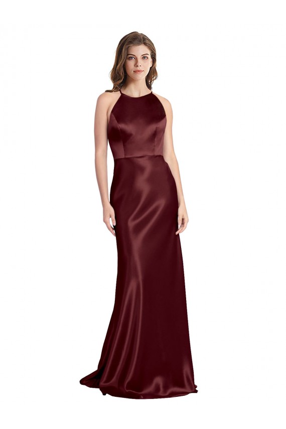 High Neck Halter Long Sleeveless Stretch Satin Bridesmaid Dress with Strappy Back