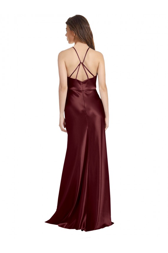High Neck Halter Long Sleeveless Stretch Satin Bridesmaid Dress with Strappy Back
