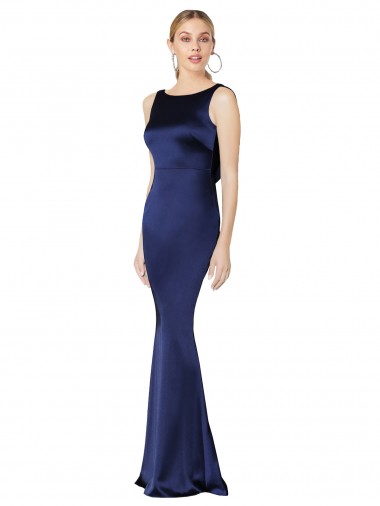 Sheath High Neck Stretch Satin Bridesmaid Dress Low Back