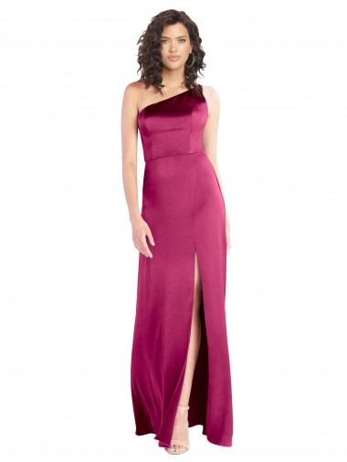 Sleek One Shoulder A-Line Long Stretch Satin Bridesmaid Dress with Spaghetti Straps Back