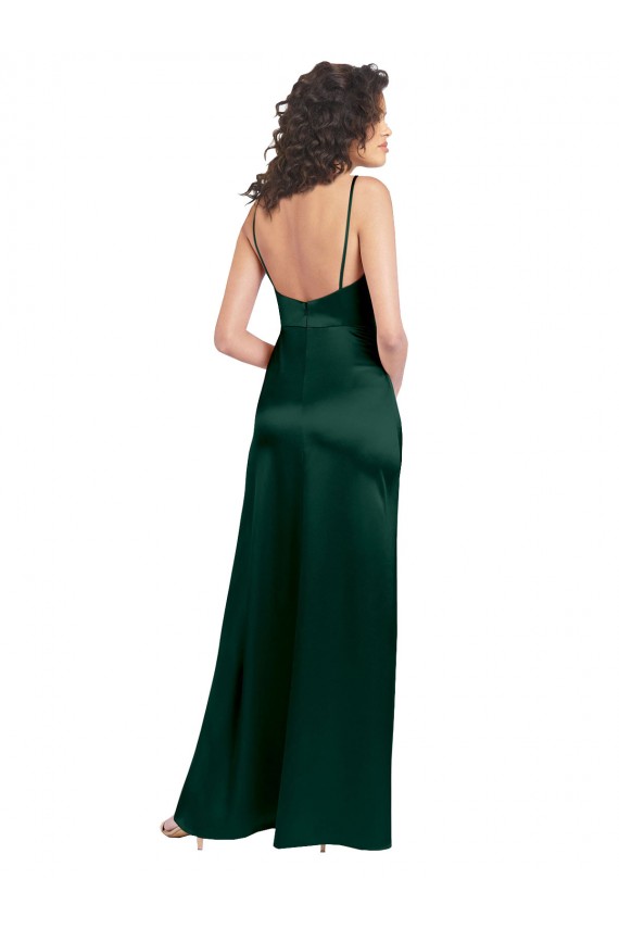 Long Slim Scoop Neck Stretch Satin Bridesmaid Dress with Open Back