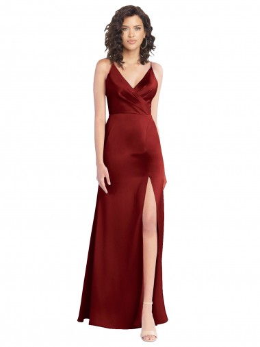 Faux Surplice Neckline Long Slim A-Line Stretch Satin Bridesmaid Dress
