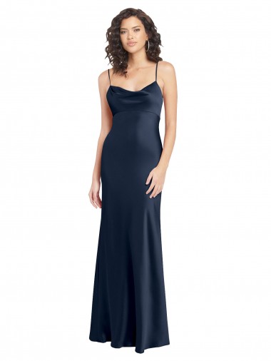 Cowl Neck Long Empire Waist Stretch Satin Bridesmaid Dress with Open Back