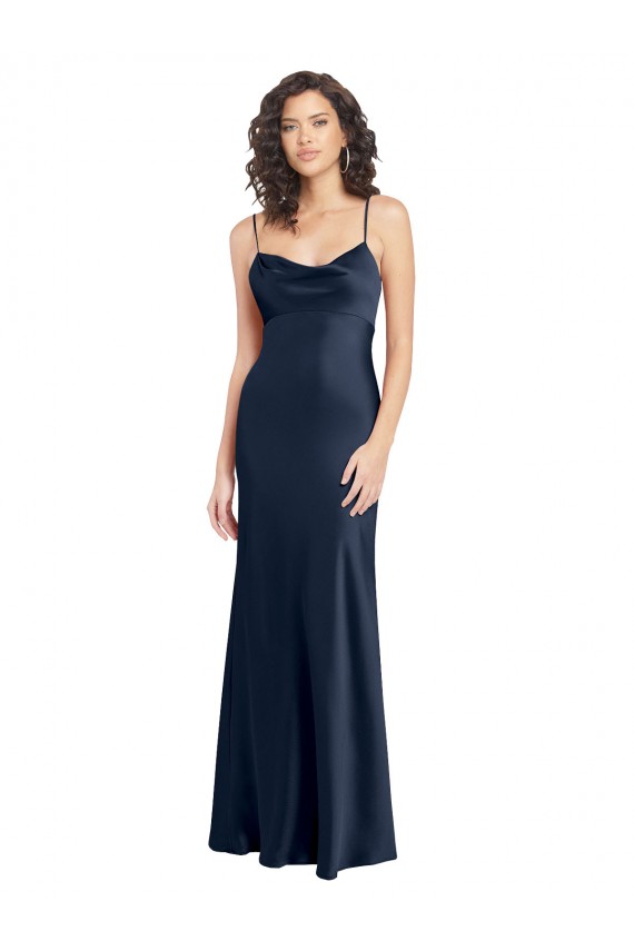 Cowl Neck Long Empire Waist Stretch Satin Bridesmaid Dress with Open Back