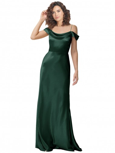 Off the Shoulder Sleeves Long Stretch Satin Bridesmaid Dress with Pleated Draped Neckline
