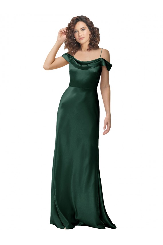 Off the Shoulder Sleeves Long Stretch Satin Bridesmaid Dress with Pleated Draped Neckline