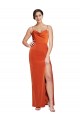 Front Cowl Neck Long Floor Length Stretch Satin Bridesmaid Dress with High Side Split