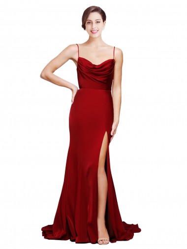 Cowl Front Neck Sweep Train Stretch Satin Bridesmaid Dress with High Side Split