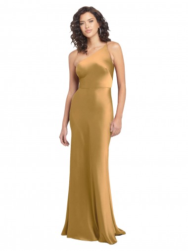 One Shoulder Long Floor Length Stretch Satin Slip Bridesmaid Dress