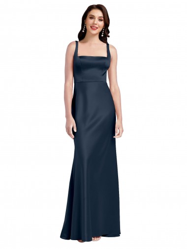Square Neck A-Line Long Stretch Satin Bridesmaid Dress with Wide Straps