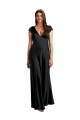 Plunging V-Neck Cap Cleeves Long Stretch Satin Bridesmaid Dress with Keyhole Back