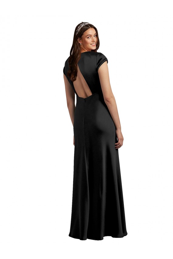 Plunging V-Neck Cap Cleeves Long Stretch Satin Bridesmaid Dress with Keyhole Back