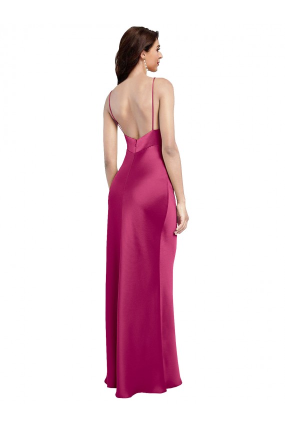 V-Neck Spaghetti Straps Slim Stretch Satin Bridesmaid Dress with Low Scoop Back