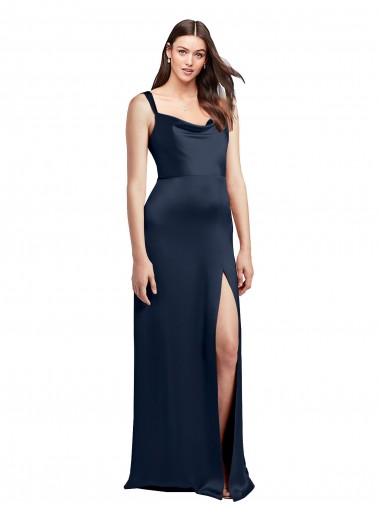 Cowl Neck Soft Long Stretch Satin Bridesmaid Dress with Side Slit and Pleated Straps