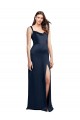 Cowl Neck Soft Long Stretch Satin Bridesmaid Dress with Side Slit and Pleated Straps