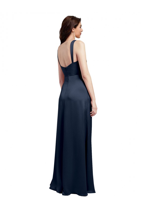 Cowl Neck Soft Long Stretch Satin Bridesmaid Dress with Side Slit and Pleated Straps