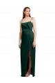Sleek Straight Neckline Long Wrap Stretch Satin Bridesmaid Dress with Angled Pleats