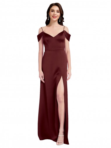 Draped Off the Shoulder Sleeves Slim A-Line Stretch Satin Bridesmaid Dress with Side Slit