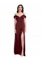 Draped Off the Shoulder Sleeves Slim A-Line Stretch Satin Bridesmaid Dress with Side Slit