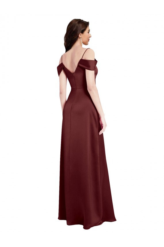 Draped Off the Shoulder Sleeves Slim A-Line Stretch Satin Bridesmaid Dress with Side Slit