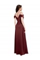 Draped Off the Shoulder Sleeves Slim A-Line Stretch Satin Bridesmaid Dress with Side Slit