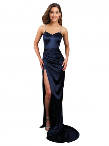 Pleated Sash Skirt Long Stretch Satin Bridesmaid Dress with High Slit