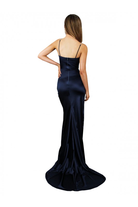 Pleated Sash Skirt Long Stretch Satin Bridesmaid Dress with High Slit