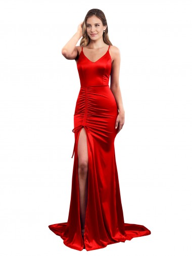 Long Pleated Stretch Satin Bridesmaid Dress with High Slit