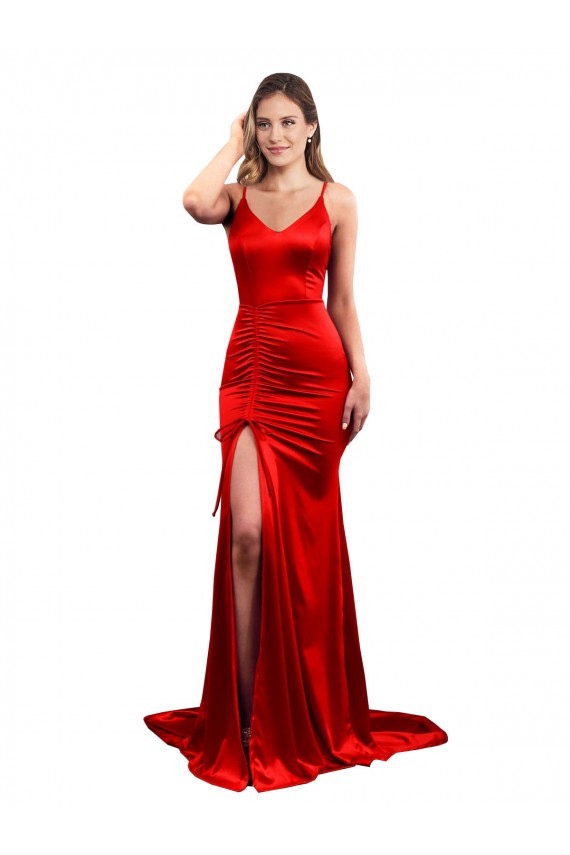 Long Pleated Stretch Satin Bridesmaid Dress with High Slit