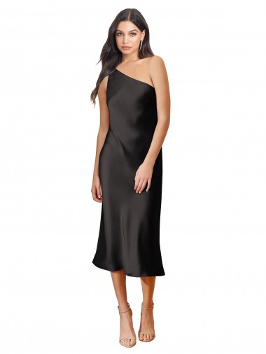 Sleek One Shoulder Midi Length Short Stretch Satin Slip Bridesmaid Dress