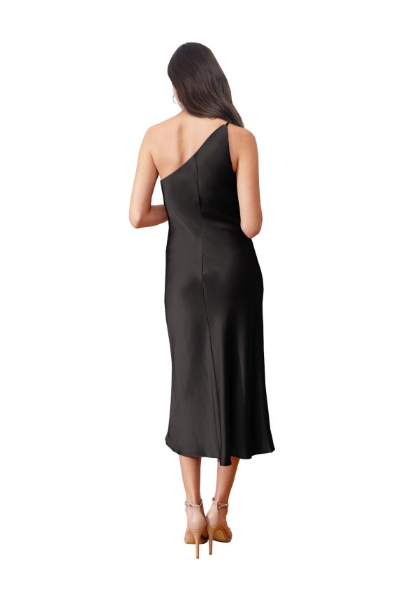 Sleek One Shoulder Midi Length Short Stretch Satin Slip Bridesmaid Dress