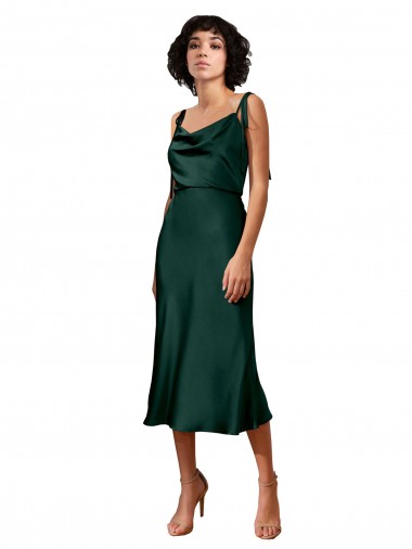 Spaghetti Straps Tie Shoulders Cowl Neck Short Midi Length Stretch Satin Bridesmaid Dress