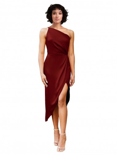 One Shoulder Midi Length Short Stretch Satin Wrap Style Bridesmaid Dress