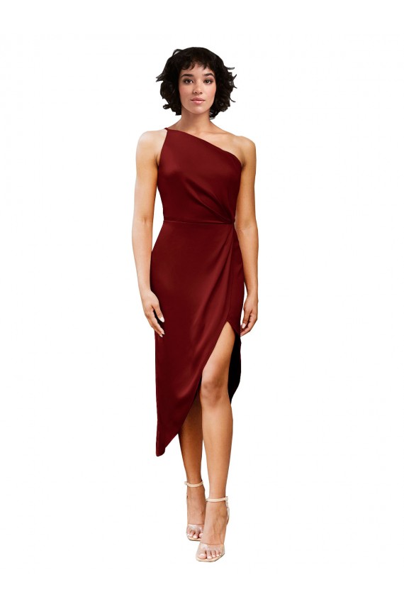 One Shoulder Midi Length Short Stretch Satin Wrap Style Bridesmaid Dress