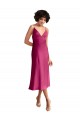 Midi Length V-Neck Short Stretch Satin Bridesmaid Dress with Low Scoop Back
