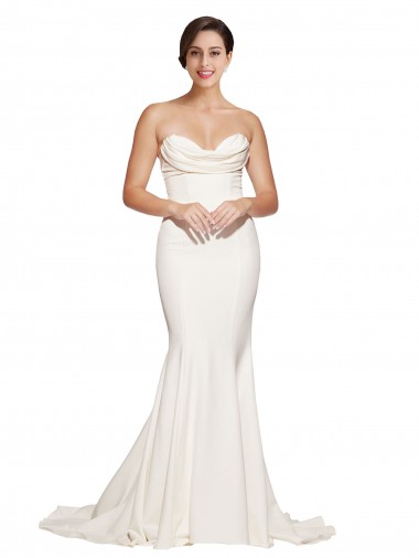 Strapless Cowl Neck Sweep Train Stretch Satin Bridesmaid Dress