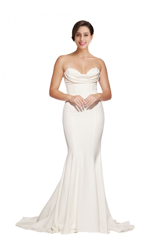 Strapless Cowl Neck Sweep Train Stretch Satin Bridesmaid Dress