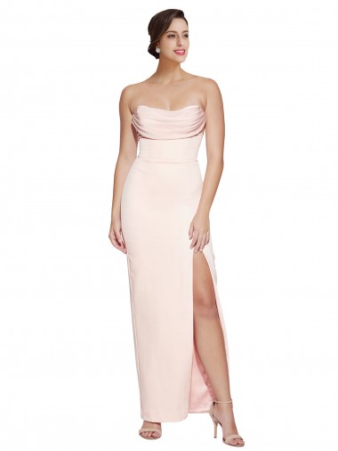 Cowl Neck Strapless Stretch Satin Bridesmaid Dress with High Split