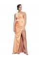 One Shoulder Ruched Stretch Satin Bridesmaid Dress with Thigh High Split