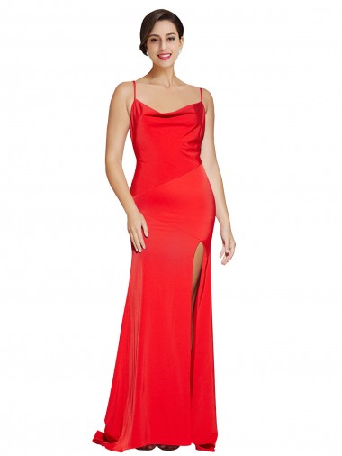 Low Back Cowl Neck Stretch Satin Bridesmaid Dress with High Side Slit