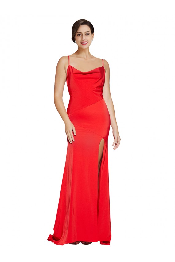 Low Back Cowl Neck Stretch Satin Bridesmaid Dress with High Side Slit