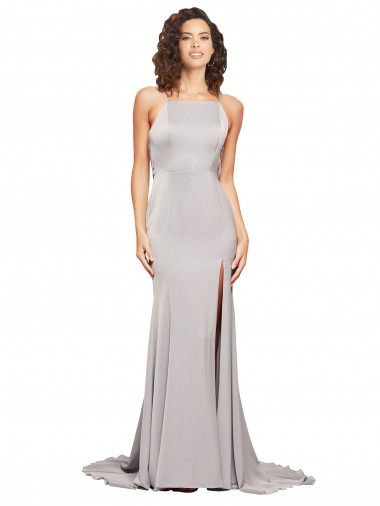 High Neck Low Back Long Full Length Stretch Satin Bridesmaid Dress
