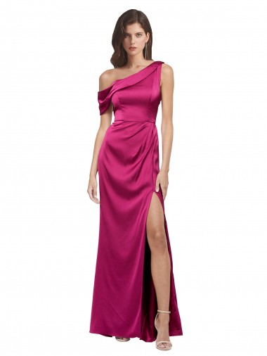 Off the Shoulder Short Sleeves Stretch Satin Bridesmaid Dress with Side Slit