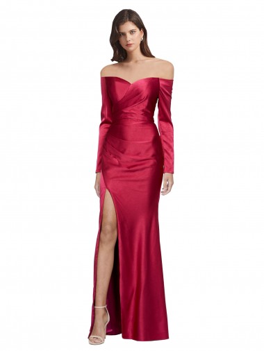 Long Sleeves Off the Shoulder Stretch Satin Bridesmaid Dress with High Side Split