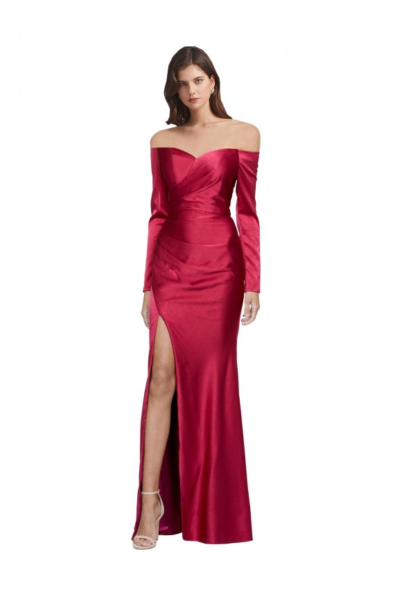 Long Sleeves Off the Shoulder Stretch Satin Bridesmaid Dress with High Side Split