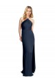 Halter Neckline Long Stretch Satin Bridesmaid Dress with Strappy Back and Side Slit