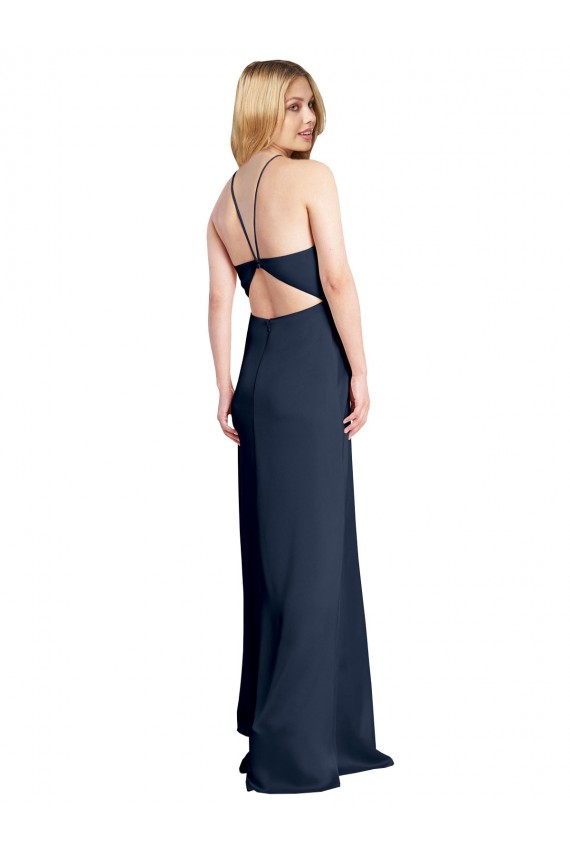 Halter Neckline Long Stretch Satin Bridesmaid Dress with Strappy Back and Side Slit
